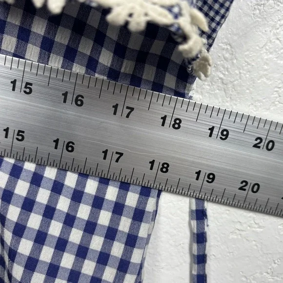 Cottagecore Vintage Gingham Dress Blue White Short Sleeve Lace Trim - Picture 6 of 6